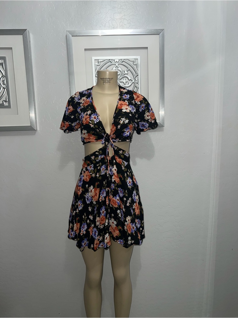 Forever 21 Black Floral Tie-Front Mini Dress with Purple & Coral Blooms